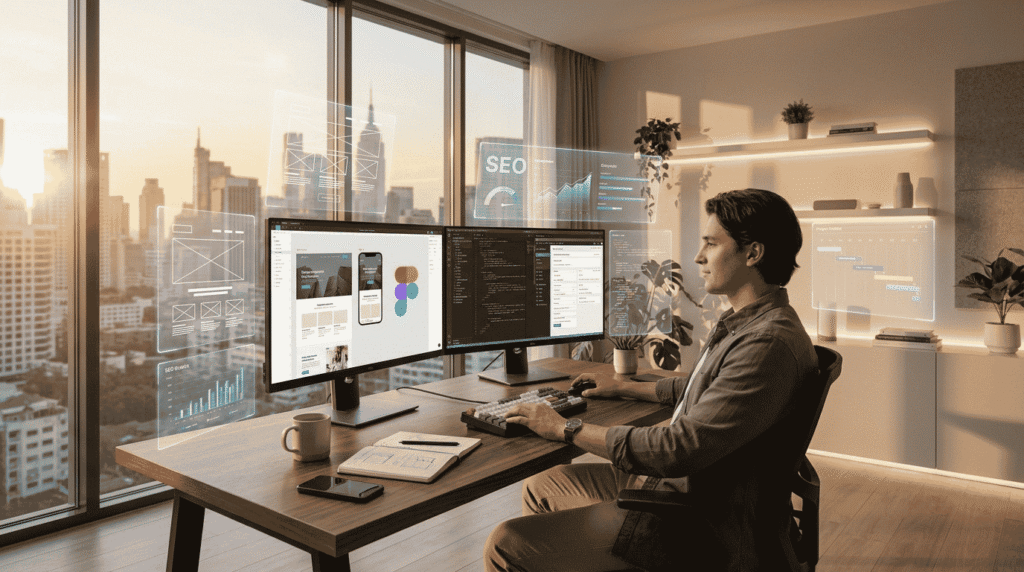 Freelance website designer creating responsive websites in a modern home office for website design freelancing projects.